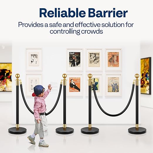 VIVOHOME Heavy Duty Iron Stanchion Post Queue 4PCS Pole w/ 2 Black Velvet Ropes, Crowd Control Barriers w/Fillable Base for High-end Venues, Museums, Party Supplies (4 Pieces, Black and Golden)