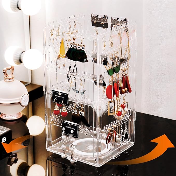 360° Rotating Jewelry Organizer Stand with 5 Layers,Acrylic Earring Holder Organizer Stand,228 Holes and 232 Grooves for Studs,Dangly Earrings,Chains,Bracelets,Necklace