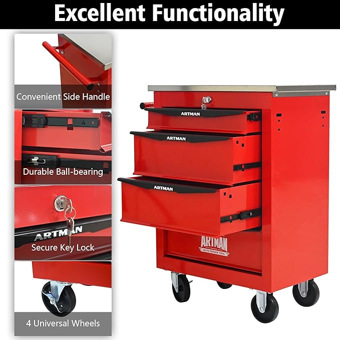 4-Drawer Heavy-Duty Rolling Tool Chest with Wheels & Steel Roof, Lockable Tool Chest Storage Cabinet for Garage, Workshop, Warehouse, and Repair Shop