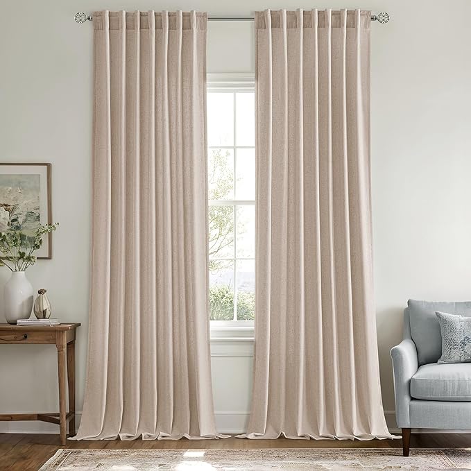 MIULEE Non-See-Through Privacy Linen Curtains 2 Panels, Light Filtering Window Curtains Farn House Textured Back Tab Semi Sheer Drapes for Bedroom Living Room, 52 x 90 Inches Long, Burlywood