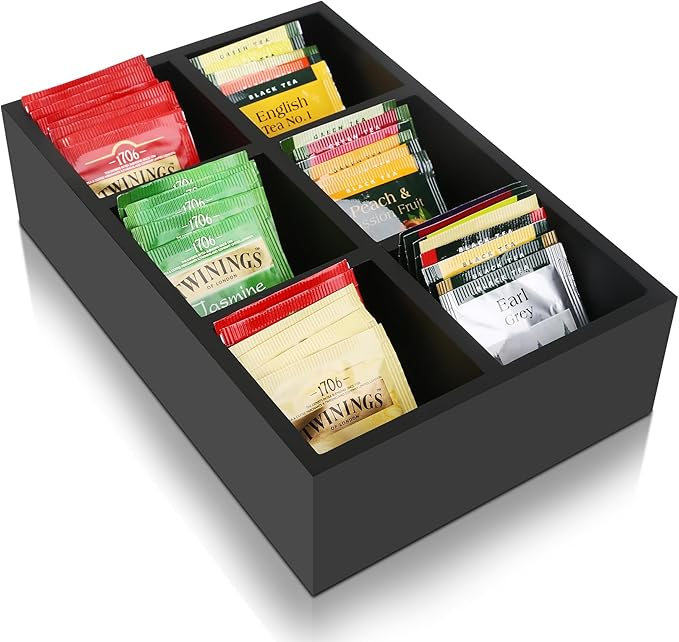 Tea Bag Box Wood Black 6 Compartments Tea Bag Organizer Drawer Storage, Large Capacity Sugar Packet Holder for Coffee Station,Sweeteners, Condiment Organizer