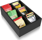 Tea Bag Box Wood Black 6 Compartments Tea Bag Organizer Drawer Storage, Large Capacity Sugar Packet Holder for Coffee Station,Sweeteners, Condiment Organizer