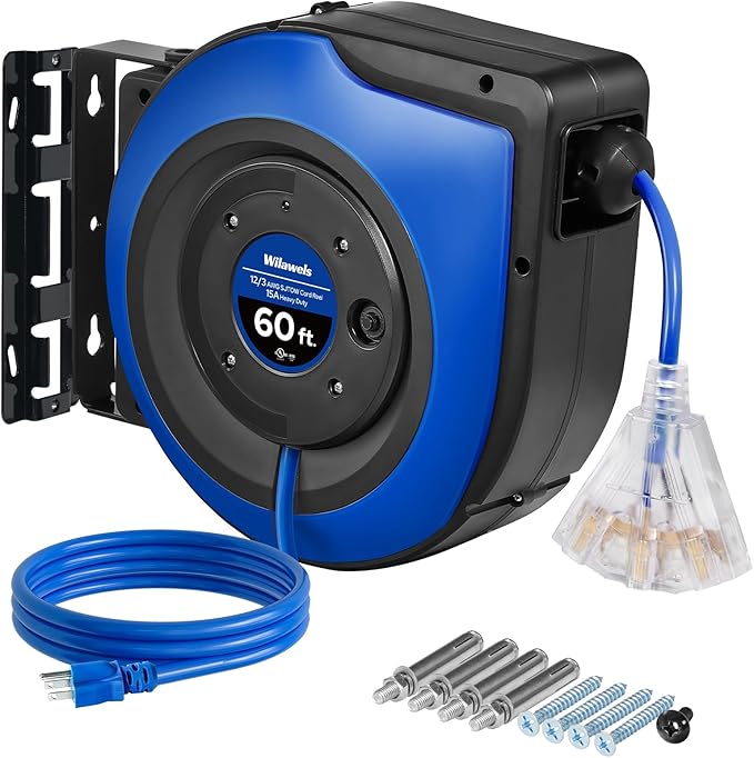 Retractable Cord Reel, 60 FT Heavy Duty Extension Cord, 12AWG/3C SJTOW, 3 Grounded Outlets Lighted Triple Tap, 15A Circuit Breaker, Wall/Ceiling Mounted, UL Listed, Blue U60CR06