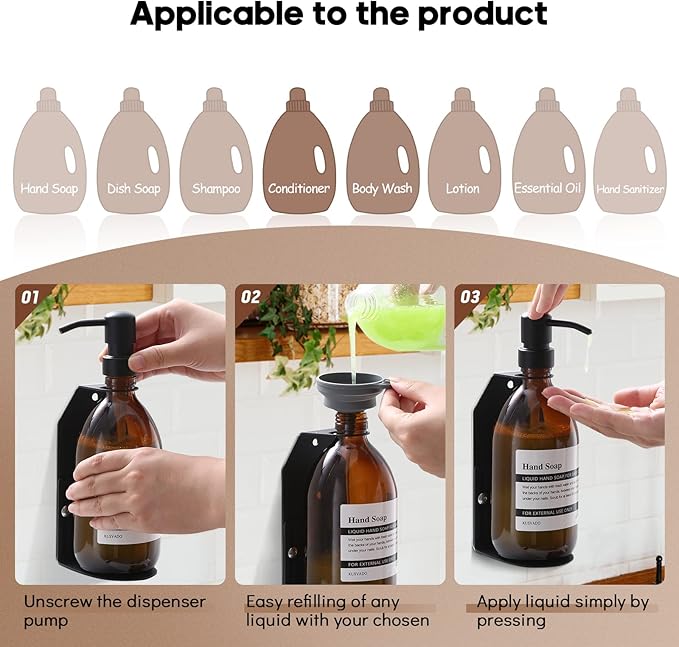 Glass No-Drill Wall Mounted Shower Soap/Hand Soap Dispenser with Adjustable Stainless Steel Holder for Bathroom and Kitchen-(Black 3 Chamber)
