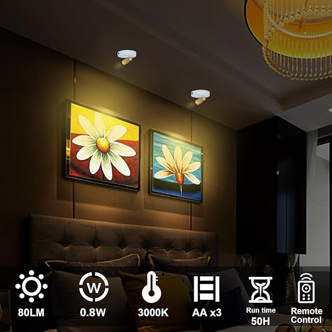LED Spotlight Indoor, Battery Operated Spotlights with Remote, Up Lights for Plants, Dimmable Tree Spotlight, Picture Lights for Wall Art Display Dartboard Painting Artwork Accent Frames