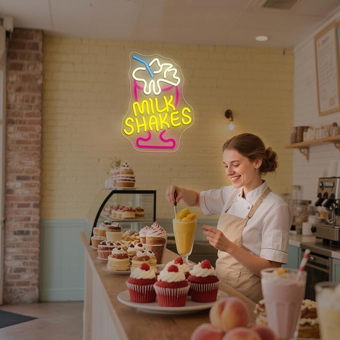 Milk Shakes Neon Sign Ice Cream Neon Signs for Wall Decor, Colorful LED Neon Lights for Dessert Shops Restaurants Bars with USB Power & Light-Up Signs