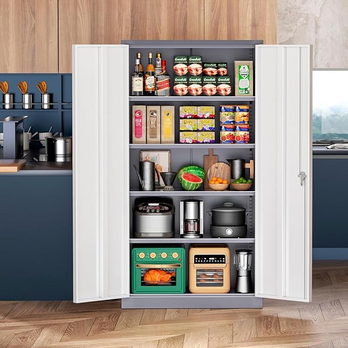 INTERGREAT Storage Cabinet with Doors and Shelves, Metal Garage Storage Cabinets with Lock, Black Lockable Steel Supply Cabinet for Home Office, Warehouse (Grey White)