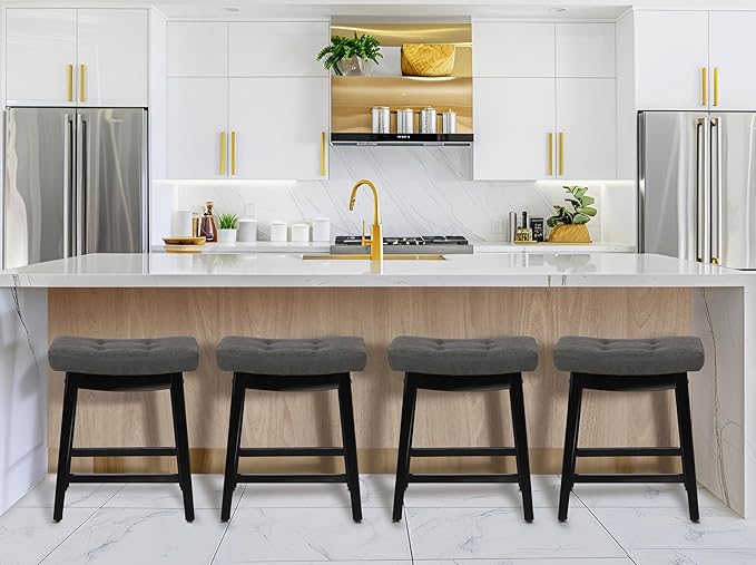 Counter Height Bar Stools Set of 6 for Kitchen Counter Farmhouse Modern Barstools with Faux Leather Upholstered Backless Seat and Solid Wood Legs 24 inch Bar Chairs, Grey + Black