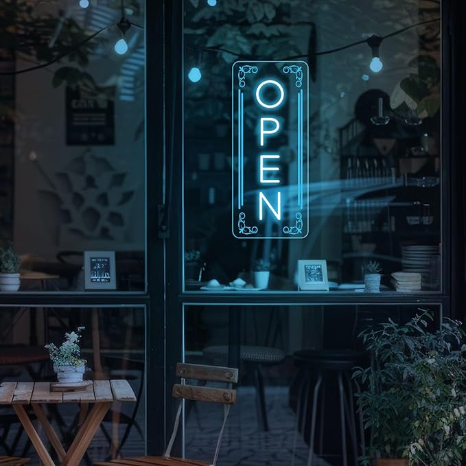 Vertical LED Open Signs for business – Super Bright - UV Printing Pattern, Remote Included - Large Size 20x50'' - Neon Open Sign for Café, Bar, Shop & Business Sign (Ice Blue)