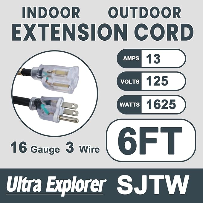 6 Ft Indoor Outdoor Black Extension Cord, 16/3 Heavy Duty Extension Cable, 3 Prong Grounded Plug with Lighted End for Appliance and Lawn, 13A, UL Listed