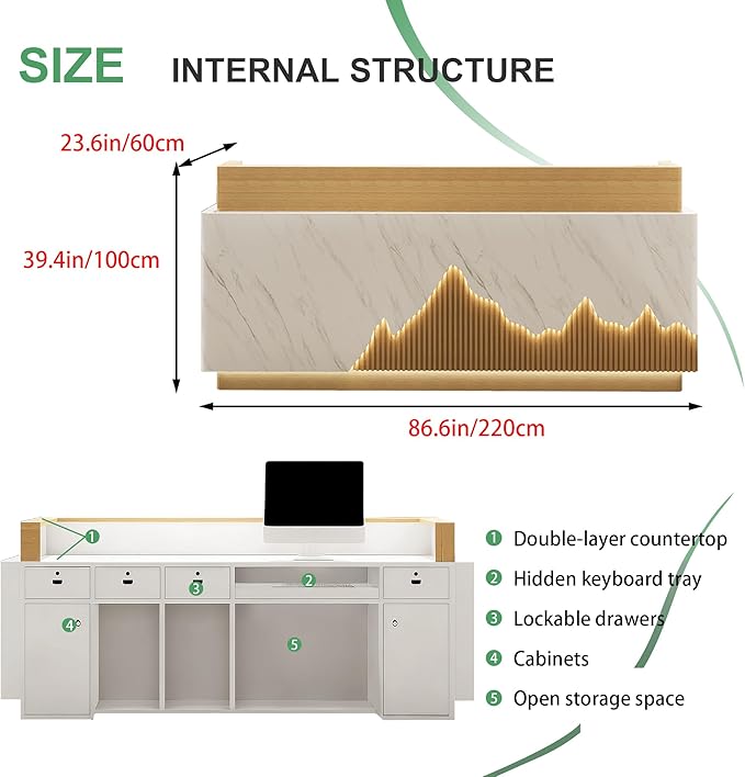 Modern Reception Desk with Counter Front Reception Table with Hidden LED Lighting Commercial Receptionist Desk Wood and White Checkout Counter Fully Assembled and Ready to Use 87inch