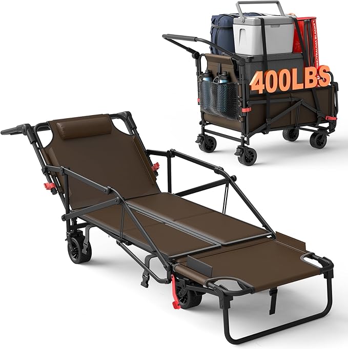 LEVELEVE Heavy Duty Folding Wagon-2-in-1 Collapsible Cart, 400lb Capacity, All-Terrain Wheels w/Brakes & Side Pockets