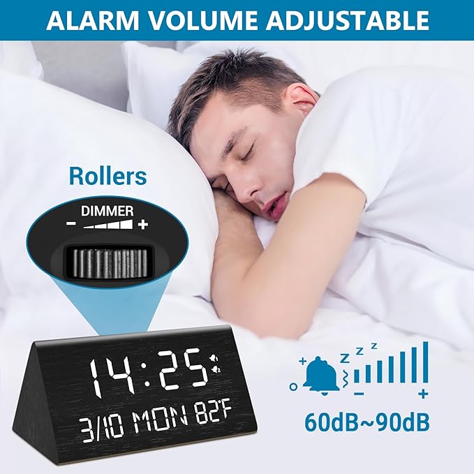 Kogonee Wooden Digital Alarm Clock, 0-100% Dimmer, 2 Alarm Settings, Weekday/Everyday Mode, 9 Mins Snooze, 12/24H, Temperature and Date Display for Office, Travel, Bedroom Alarm Clock (Black)