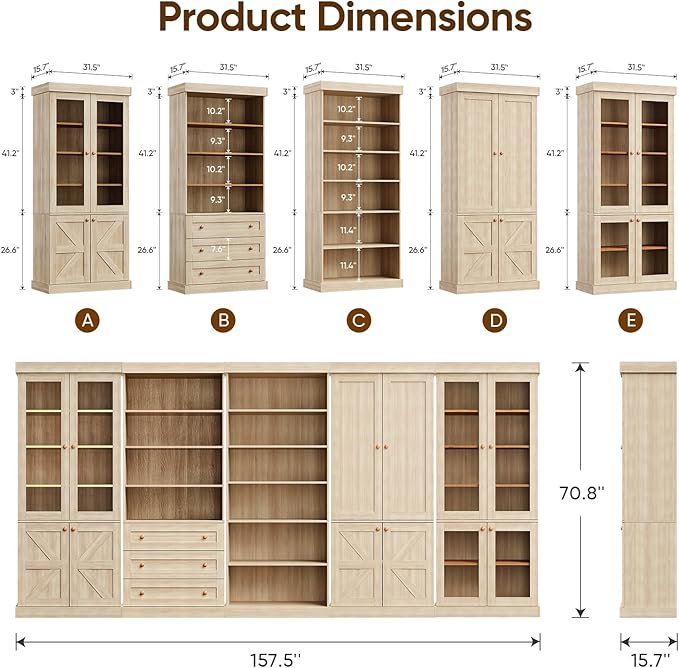 70.8" Tall Farmhouse Bookshelf, Modular Bookcase with Glass Doors, 6-Tier Adjustable Shelves, Large Storage Cabinet for Kitchen, Living Room, Brown, Set of 2