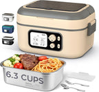 Cordless Heated Lunch Box for Men, 6.3 Cup 100W Electric Lunch Box Food Warmer with 24000mAh Battery for Self Heating, Including Cutlery, Insulated Bag and Divider for Women Adults (Grey+Beige)