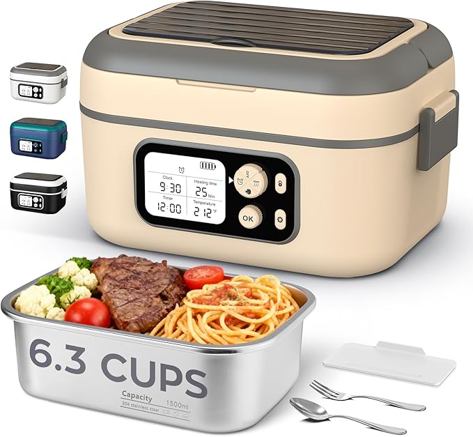 Cordless Heated Lunch Box for Men, 6.3 Cup 100W Electric Lunch Box Food Warmer with 24000mAh Battery for Self Heating, Including Cutlery, Insulated Bag and Divider for Women Adults (Grey+Beige)