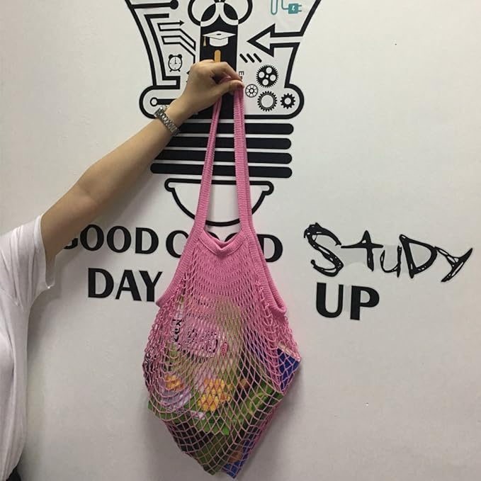 2Pcs Portable Reusable Mesh Cotton Net String Bag Organizer Shopping Tote Handbag Fruit Storage Shopper NEW (beige02 orange02)