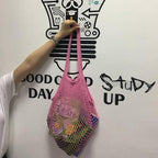 2Pcs Portable Reusable Mesh Cotton Net String Bag Organizer Shopping Tote Handbag Fruit Storage Shopper NEW (beige02 orange02)