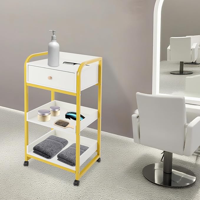 3-Tier Salon Trolley Cart w/Drawer & Shelves, Esthetician Carts w/Wheels Utility Storage for Barber Nail Spa Office, Gold, White