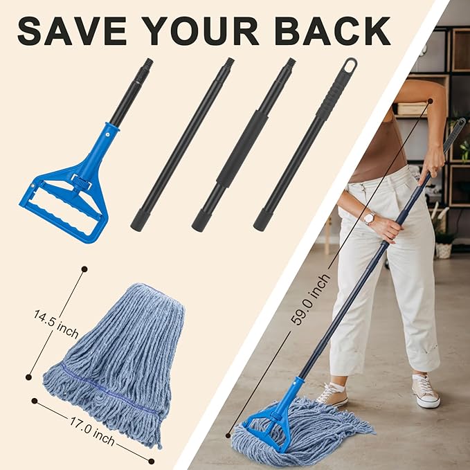 Heavy Duty Commercial Mop with 3 Extra Large Reusable Replacement Head,59" Long Handle Industrial Wet Mops,Looped-End String Cotton Mop for Floor Cleaning,House,Kitchen,Office,Garage,Tile