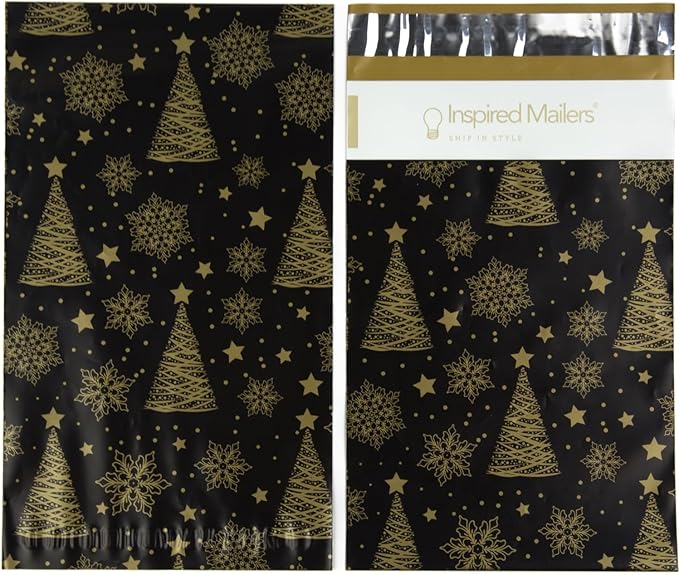 Inspired Mailers - Holiday Poly Mailers 6x9-100 Pack - Christmas Trees and Snowflakes (Black/Gold) - Small Shipping Bags 6x9 - Small Package Bags