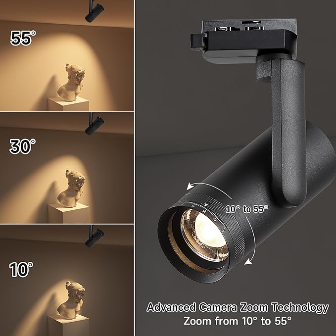 LED 12W Dimmable Track Lighting Heads with 10° to 55° Adjustable Beam Angle H Type 97 CRI 3000K Warm White Ceiling Spotlight for Accent Task Art, 1080lm, Black, 4 Pcs