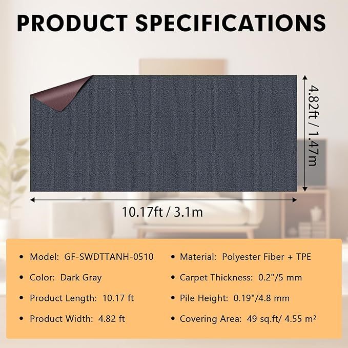Marine Carpet,5 FT x 10 FT Dark Gray Indoor Outdoor Carpet 0.2" Thick Boat Carpet with Water-Proof TPE Backing, Non-Slide Outdoor Marine Carpet Roll for Home, Patio, Porch, Deck