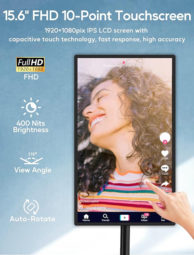 15.6" Digital Signage with Battery, Capacitive Touchscreen Advertising Display, Commercial LCD Monitor with Stand, Auto Play, Wireless Screen Mirroring, 2+32GB, Black