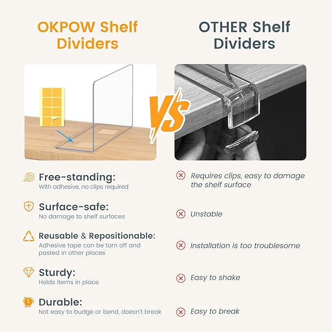 OKPOW Acrylic Shelf Dividers for Closet Organization: 12 Pack Tall Durable Clear Shelves Separators for Clothing Adjustable