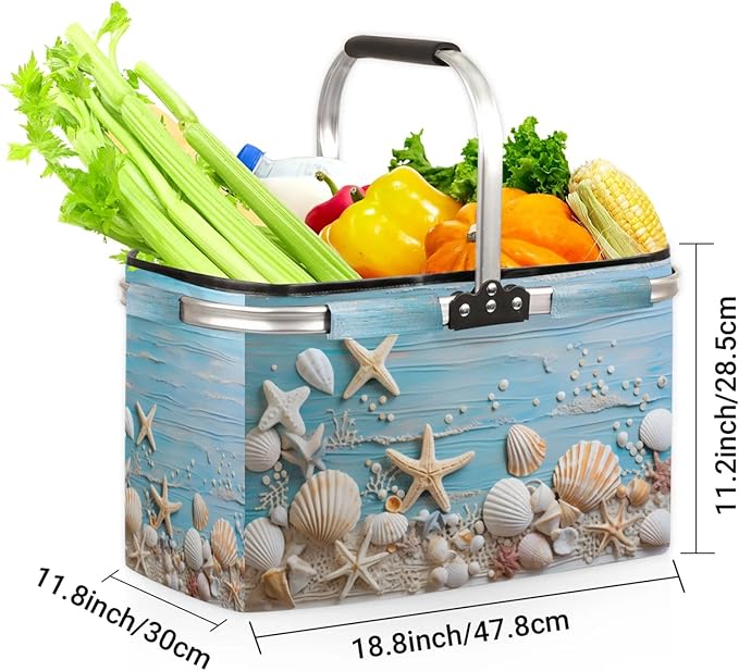 Collapsible Picnic Basket with Handle, Shopping Basket Aluminum Frame, Grocery Basket Tote for Women, Farmers Market Basket, Harvest Baskets Camping Travel Portable Beach Bag (Sea Shells Starfish)