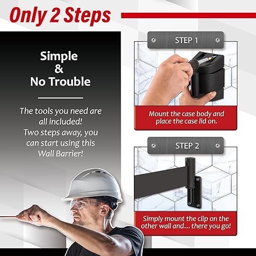 DuraSteel Wall Mount Retractable Belt Barrier - 6.5 Ft Black Safety Belt in Sturdy Black Casing - Guardian 2.0 Indoor & Outdoor Do Not Cross Caution Tape for Crowd Control Queue Barrier, Line Divider