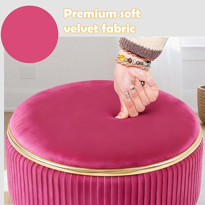 Adjustable Vanity Stool with Storage, 360° Swivel Makeup Stool Chair Small Velvet Round Ottoman with Gold Base for Bedroom (Hot Pink)