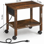 2 Tier Under Desk Printer Stand with Storage, Small Printer Table with Charging Station, Rolling Printer Cart Shelf with Lockable Wheels for Home, Office (Brown)