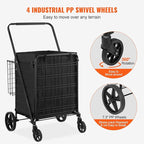 VEVOR Folding Shopping Cart with Removable Waterproof Liner, 330LBS Large Capacity Jumbo Grocery Cart with Dual Basket, 360° Swivel Wheels, Dense Metal Mesh Base, Heavy Duty Utility Cart for Shopping