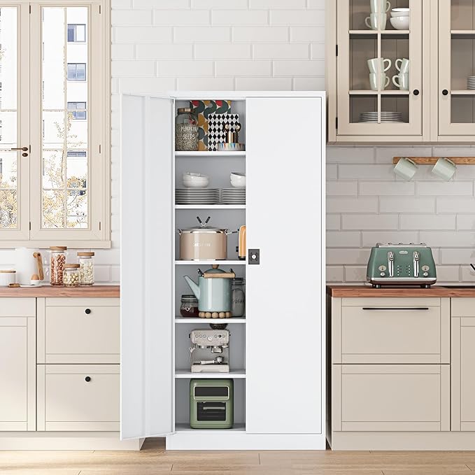 Metal Storage Cabinet-72” Tall Steel File Cabinets with Lockable Doors and Adjustable Shelves-White Steel Storage Cabinet for Kitchen, Office, Garage