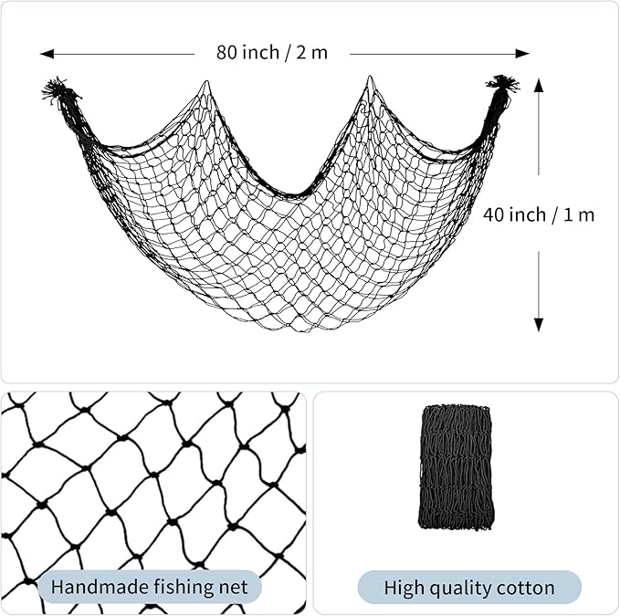 Decorative Fishing Net 80x40 Inch, Patioland 2 Pack Large Black Picture Fish Net, Wall Photo Hanging Fishnet for Nautical Mermaid Pirate Ocean Themed Hawaii Beach Under The Sea Party Decorations