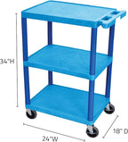 Luxor HE34-BU Utility Cart - 3 Shelves Structural Foam Plastic, Four 4" Casters, Two with Locking Brake, Ergonomic Push Handle, 24"W x 18"D x 34"H, Offices, Classrooms