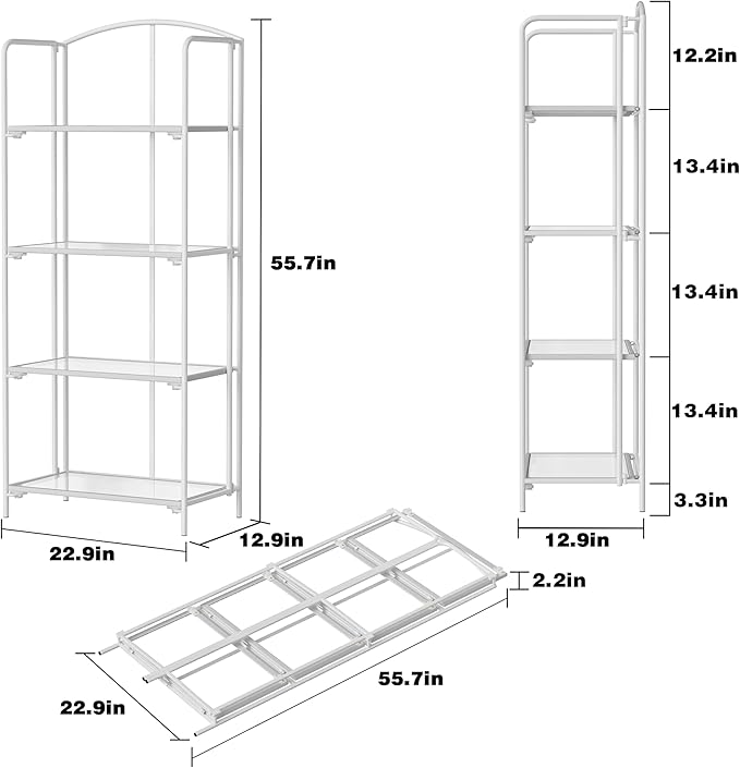 Crofy No Assembly Folding Bookshelf for Living Room, 4 Tier White Collapsible Book Shelf for Home Office, Portable Bookcase Storage Organizer