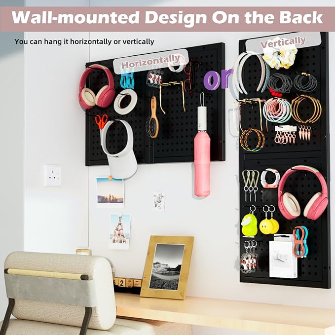Metal Pegboard Shelf - Peg Board Display Wall Mount with 24 Hooks, 12.5x32.8 In Portable Garage Desktop Pegboard Organizer Retail Display Rack For Jewelry Hair Accessories, Mobile Phone Shop/Black