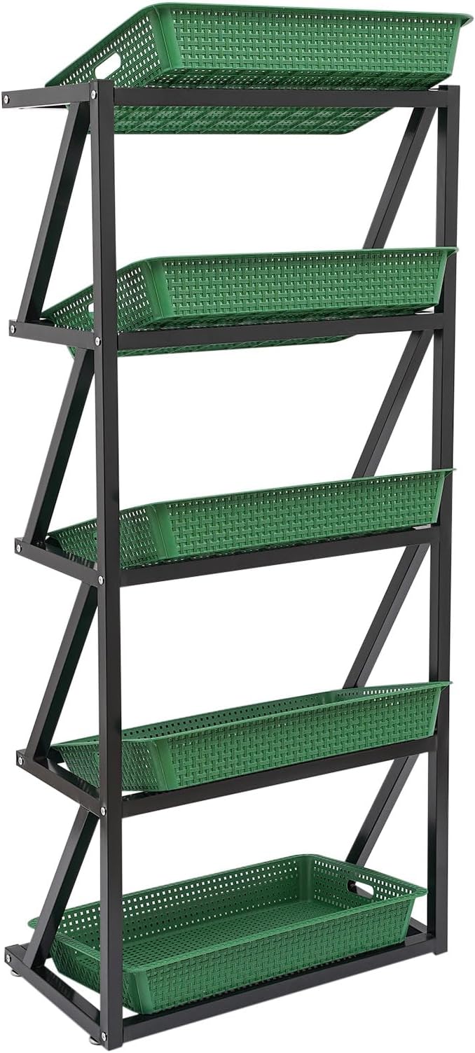 5 Tiers Retail Display Rack, Single Row Commercial Market Shelf Fruit and Vegetable Basket Stand Rack Set Snack Pantry Shelf Unit for Kitchen, Office, Store