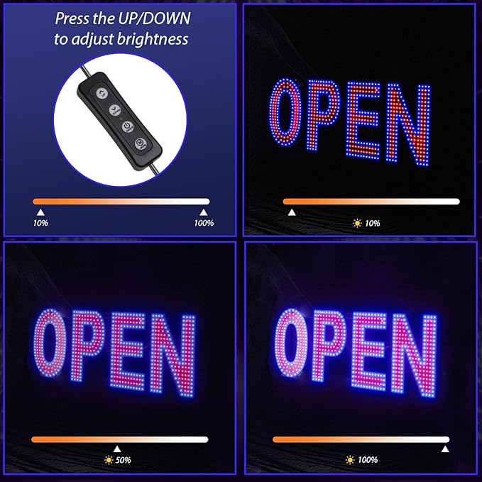 LED Open Sign for Business, 30"x10" Dimmable Brightness Large Electric Light Up Sign, Hanging Installation for Store, Bar, Pub, Hotel, Restaurant, Salon, Red and Blue