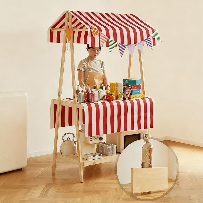 Movable Stall Display Stand, Foldable Vending Stand Kiosk Display Trolley with Canopy, Portable Food Cart, for Selling Snacks/Sweets/Toys, Multiple Colors(Yellow A,140 * 190cm)