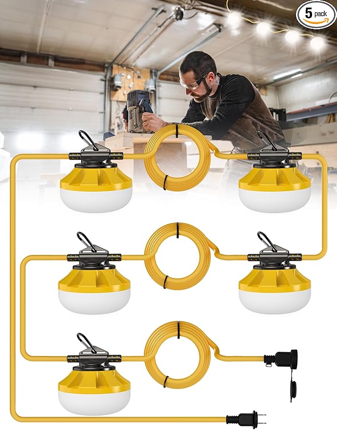HYPERLITE Construction String Lights: 50FT 5 Bulbs Work Lights with Climbing Hooks - IP65 Waterproof Linkable LED Industrial Temporary Lighting for Construction Sites Attic Crawlspace Renovation