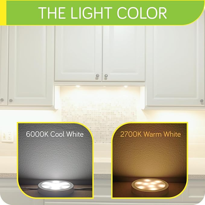 Under Cabinet LED Puck Lights Kit, Kitchen Hutch Shelf Lighting, Parallel Connection, 120VAC Wall Plug & Hardwired, Remote Control Dimmable, Warm White, 16 Lights