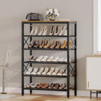 6-Tier Tall Shoe Rack Organizer, Wooden Shoe Storage for Closet Holds 24 Pairs, Sturdy Shoe Shelf with X-Shaped Metal Support, for Entryway, Bedroom, Rustic Brown and Black SS206BR