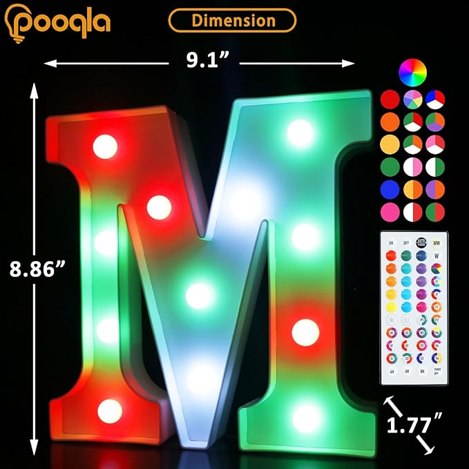 Pooqla Colorful Light Up Letters with Remote, Upgraded 35 Colors LED Marquee Letters, RGB Lighted Letter for Girls Teenager Gift, Birthday, Party, Wedding, Night Light, Room, Bedroom Decor, Letter M