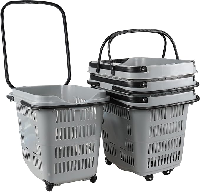 50 L Plastic Rolling Shopping Basket with Handles, Portable Retail Shopping Baskets for Supermarket, 4 PCS