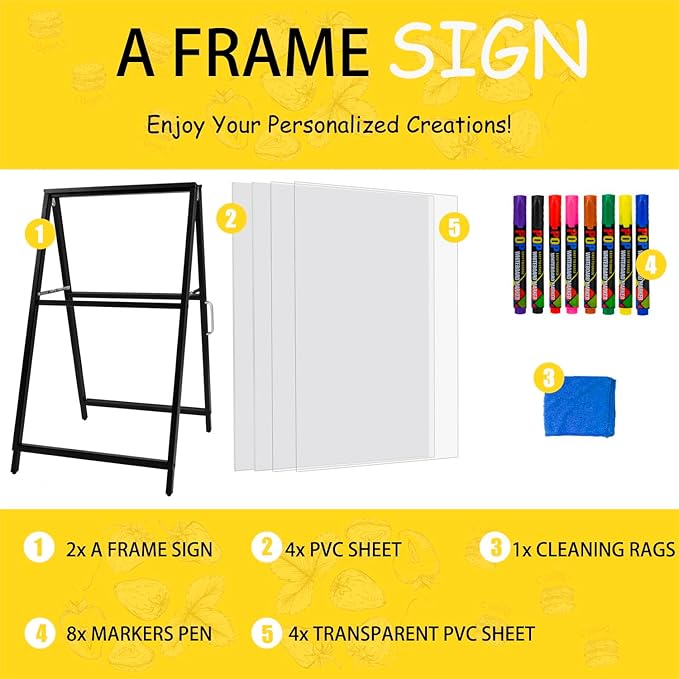 2 Pack A Frame Sidewalk Sign 24x36 inches Sandwich Board Signs Outdoor Heavy Duty Double-Sided,including 4 Anti-Glare Covers & 4 PVC Boards for Business Indoor Outdoor