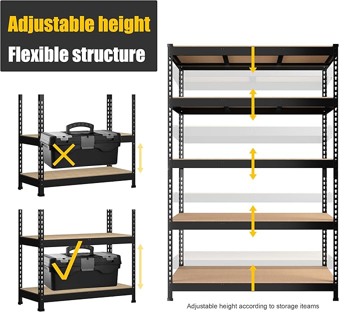 PrimeZone 48" W x 18" D x 72" H Garage Shelving Heavy Duty - Adjustable Metal Storage Shelves, 5 Tier Industrial Shelving Unit, Utility Shelf Rack for Basement, Warehouse, Pantry, Closet, Black, 4Pack