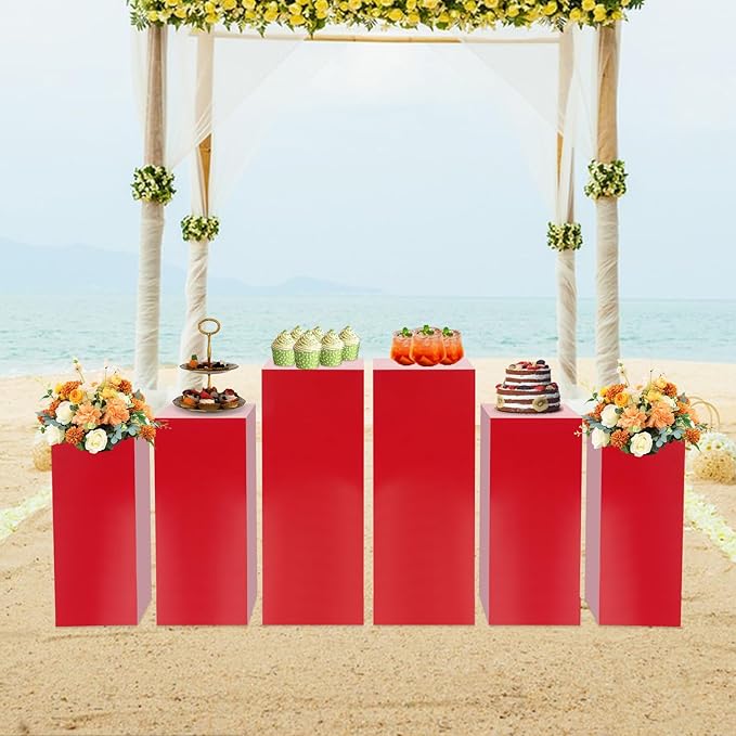 6pcs Metal Square Pedestal Stand, 23.6"/25.6"/31.5" Red Display Plinth Pillars for Party, Decorative Cube Sculpture Column, Tall Pedestal Cake Stands for Wedding Ceremony